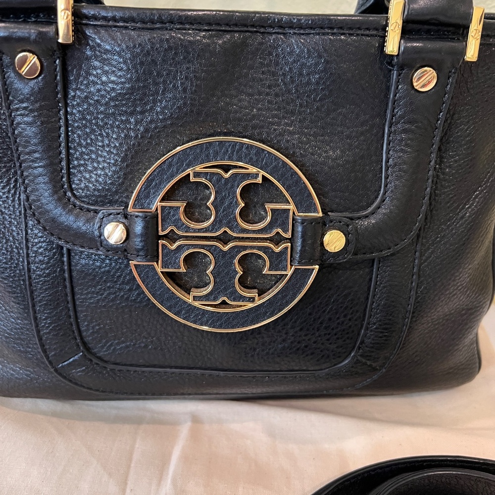 TORY BURCH Amanda Mini Satchel Black Pebbled Leather/Gold Logo Crossbody Bag - Picture 2 of 16